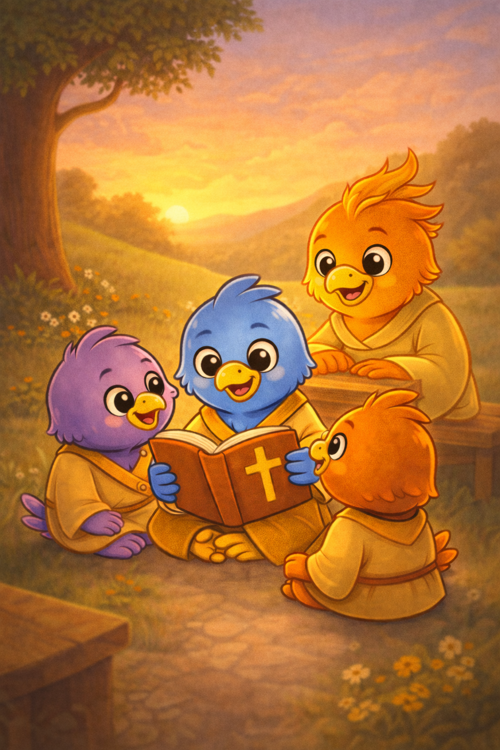 Community of bird characters reading the Bible together